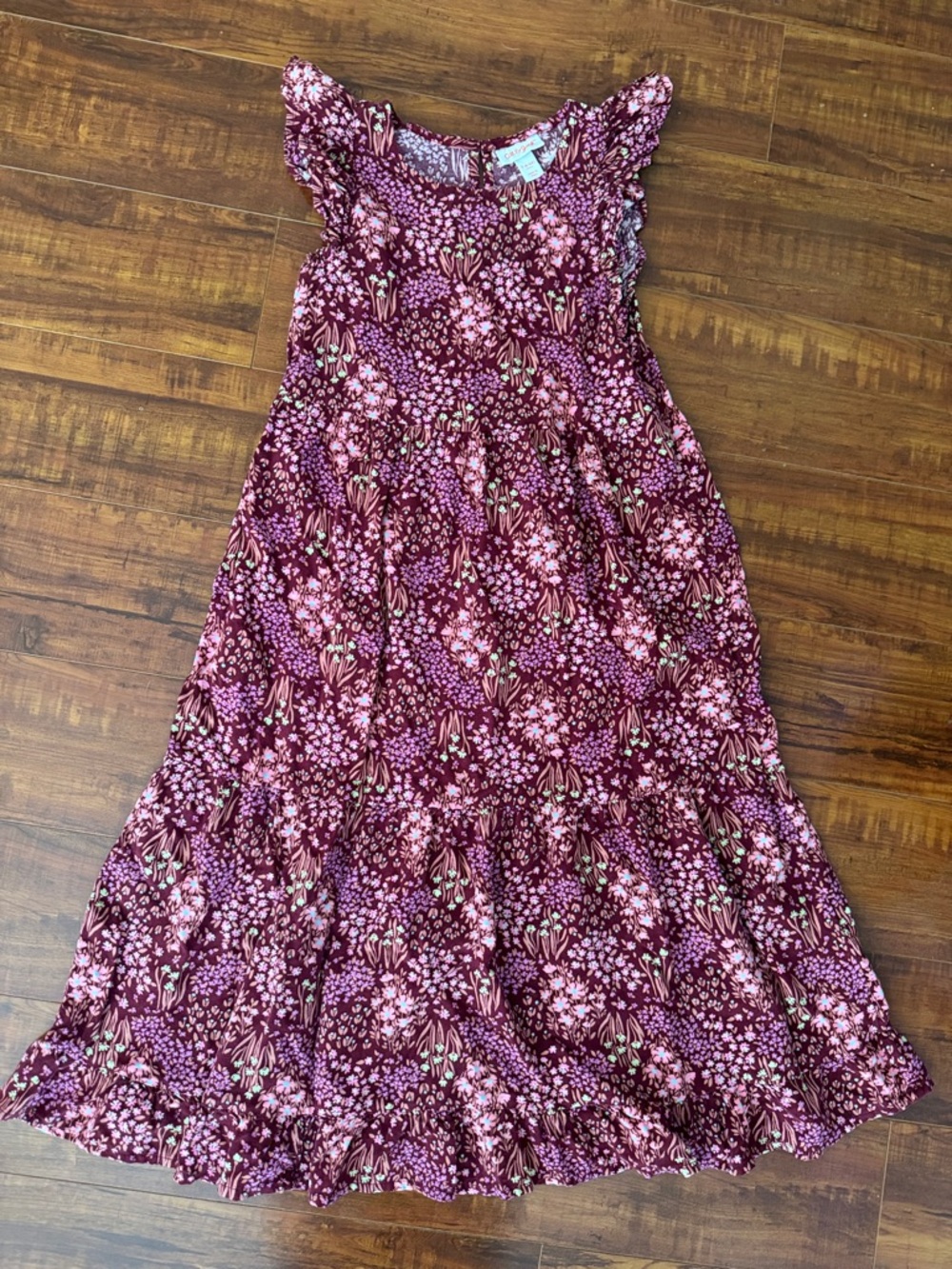Cat & Jack Burgundy and Pink Floral Ruffle Maxi Dress